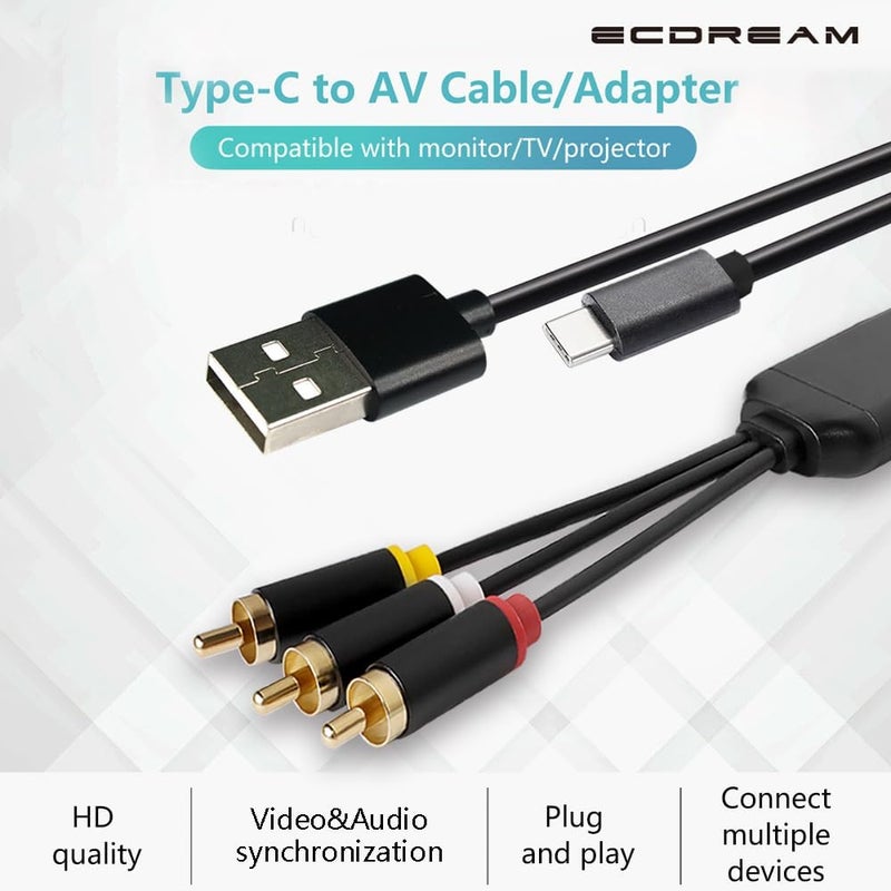 ECDREAM USB C to RCA Cable Adapter, 6Ft Type-C to RCA Wired Screen Mirroring with USB A(Charging),USB C Male to 3 RCA Male,Suitable for TV, Monitor, Speaker - Image 2